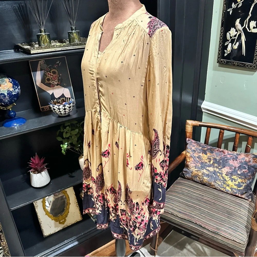 Free People Sierra Valley Shirt Dress – Gold Combo, Paisley Floral, Size Medium
